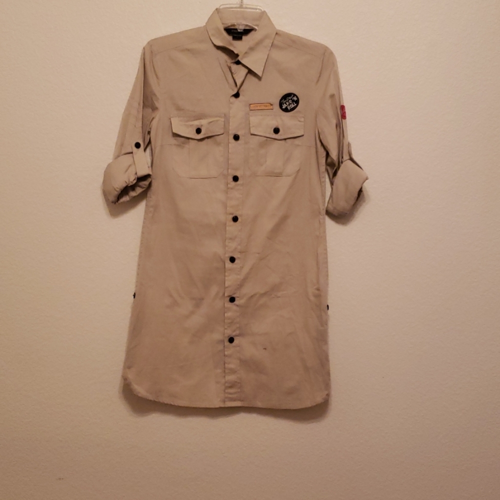 Khaki shirt dress.